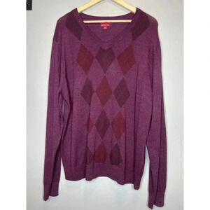 Merona 100% Merino Wool V Neck Long Sleeve Sweater Argyle Purple Red Mens Sz XL